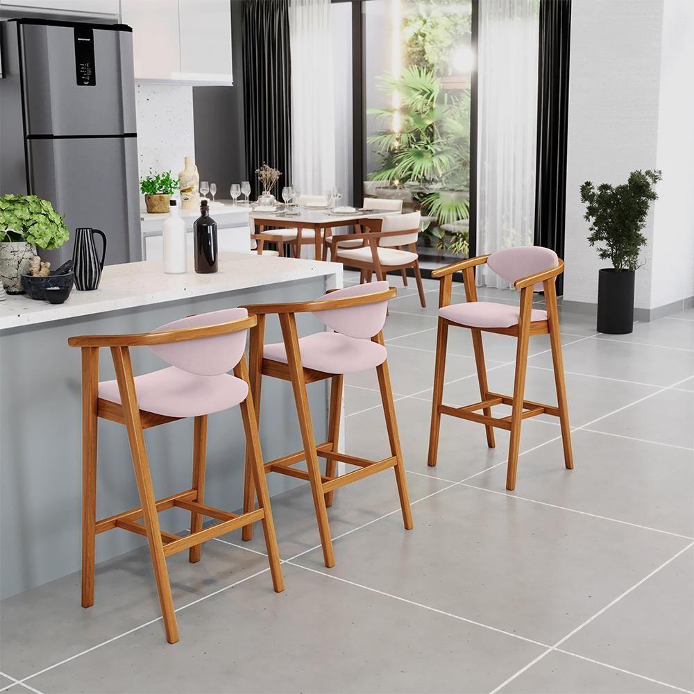 Kit 03 Banquetas Alta Para Cozinha Bancada Bar Sala De Jantar Fixa Cecília L02 Suede Rosê - 6