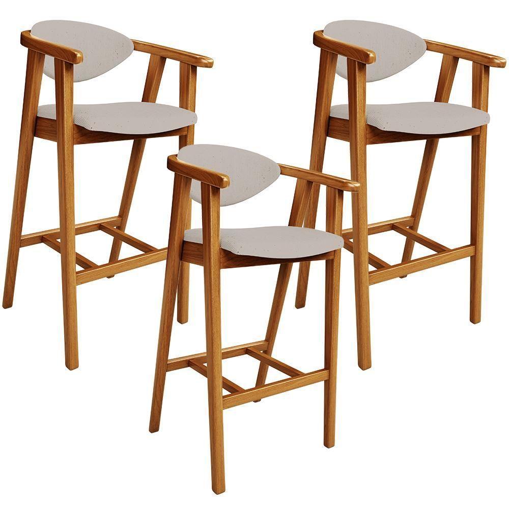 Kit 03 Banquetas Alta Para Cozinha Bancada Bar Sala De Jantar Fixa Cecília L02 Linho Bege - 1