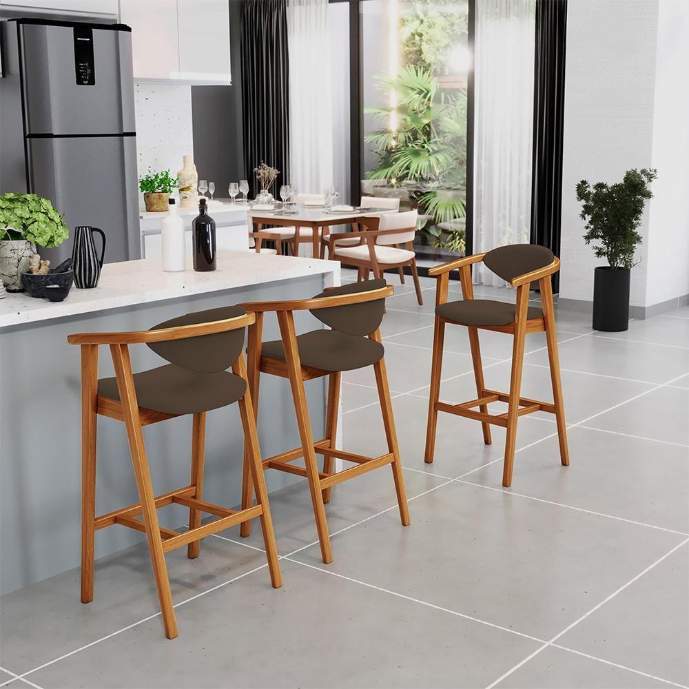 Kit 03 Banquetas Alta Para Cozinha Bancada Bar Sala De Jantar Fixa Cecília L02 Suede Marrom - 3