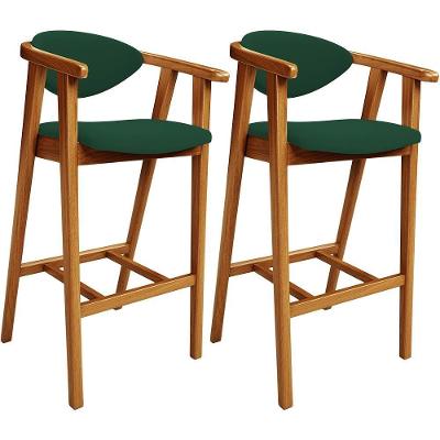 Kit 02 Banquetas Altas Cecília L02 Assento Tecido Base Madeira Encosto Fixo Verde