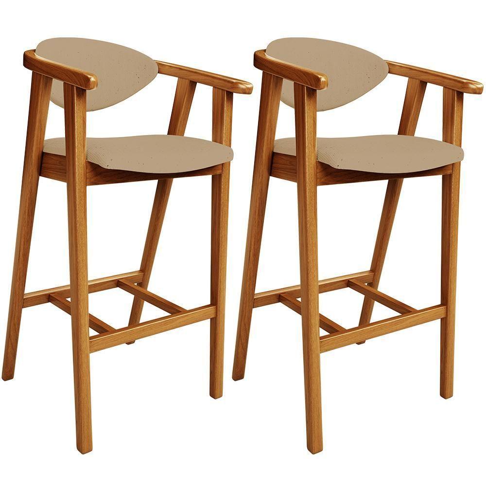 Kit 02 Banquetas Alta Cozinha Bancada Bar Sala De Jantar Fixa Cecília L02 Linho Bege Escuro - 1