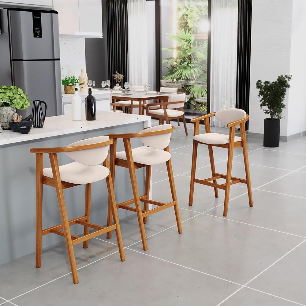 Kit 04 Banquetas Alta Para Cozinha Bancada Bar Sala De Jantar Fixa Cecília L02 Suede Bege - 6