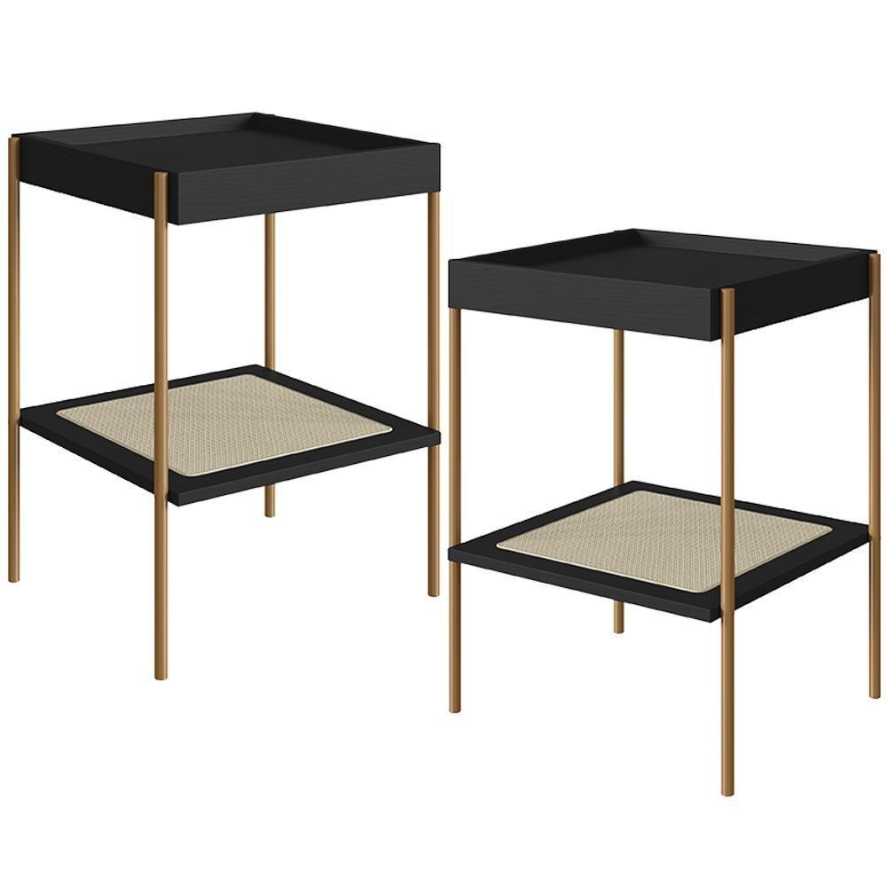 Kit 02 Mesas Lateral Para Sala De Estar Industrial Indy A03 Nero Dourado - 1