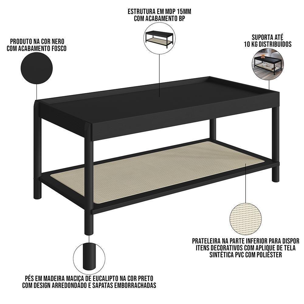 Kit 02 Mesas De Centro Para Sala De Estar Pés Madeira Moss A03 Nero Preto - 3