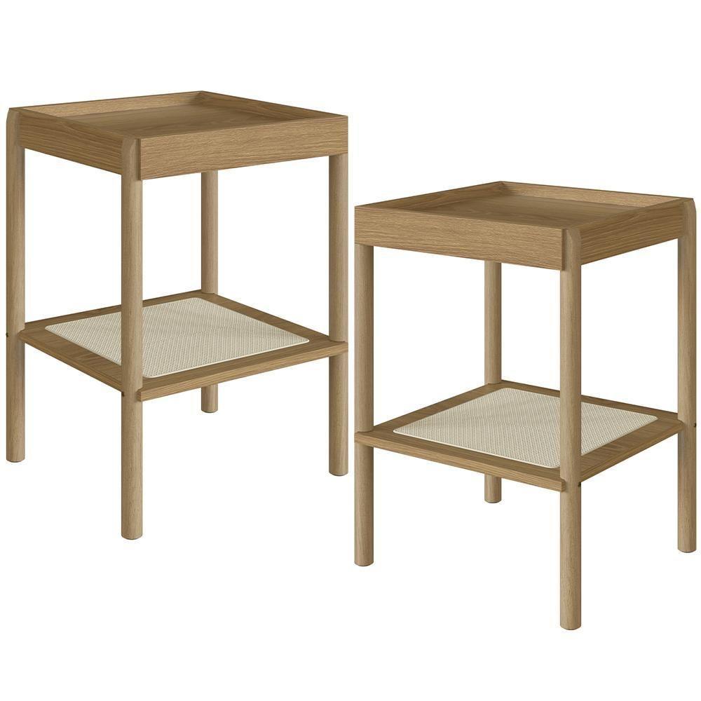 Kit 02 Mesas Lateral Para Sala De Estar Pés Madeira Moss A03 Hanover Roble - 1