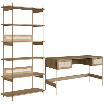 Estante Livreiro e Mesa Escrivaninha Indy A03 Hanover Dourado Industrial MDF e Aço Fosco