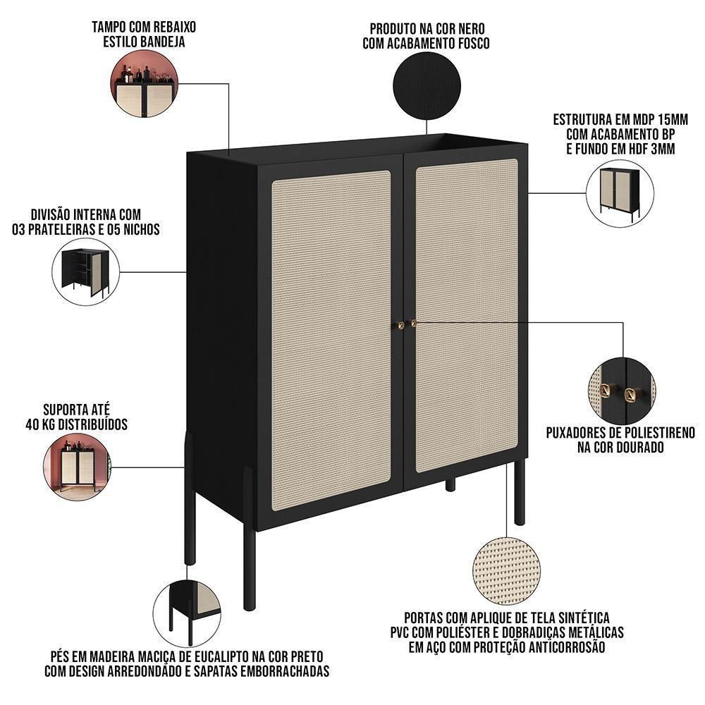 Armário Bar Para Sala 2 Portas 93cm Pés Madeira Moss A03 Nero Preto - 4
