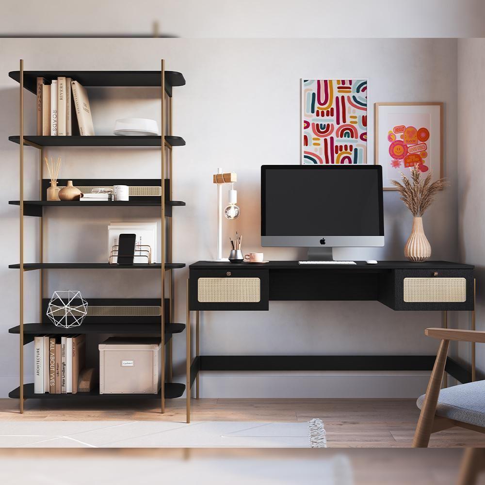 Estante Livreiro Home Office E Mesa Escrivaninha Industrial Indy A03 Nero Dourado - 4