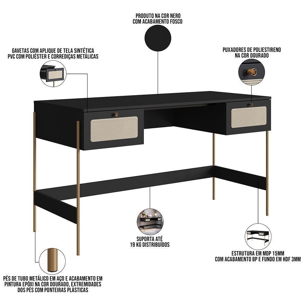 Mesa Escrivaninha Home Office 2 Gavetas Industrial Indy A03 Nero Dourado - 3