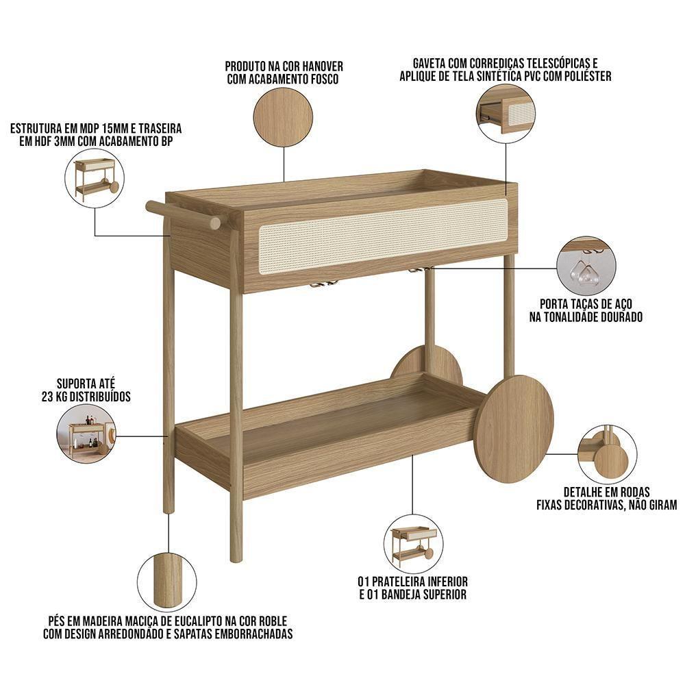 Carrinho Bar Com Porta Taças Pés Madeira Moss A03 Hanover Roble - 5
