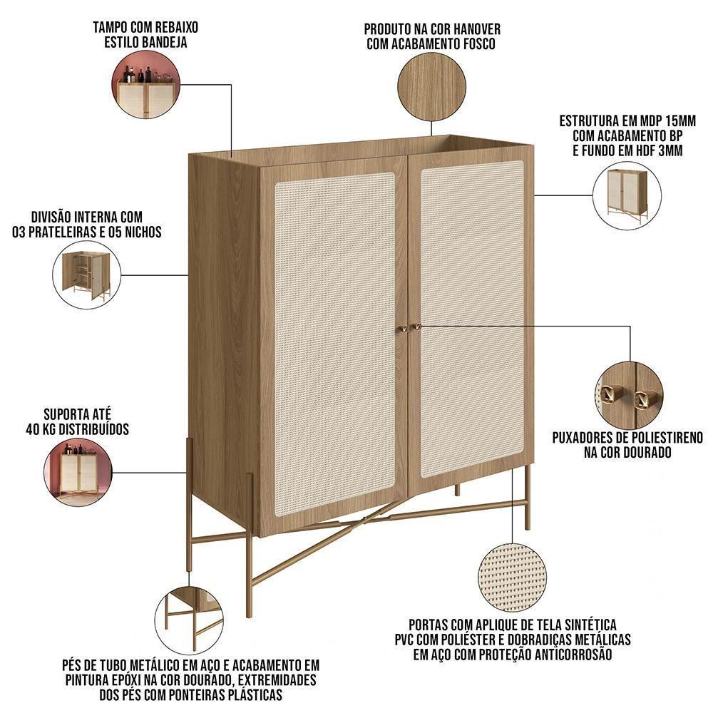 Armário Bar Para Sala 2 Portas 93cm Industrial Indy A03 Hanover Dourado - 4
