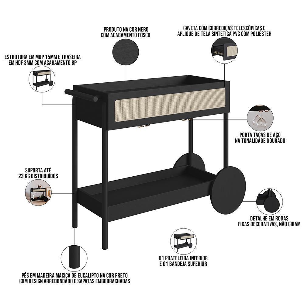 Carrinho Bar Com Porta Taças Pés Madeira Moss A03 Nero Preto - 4