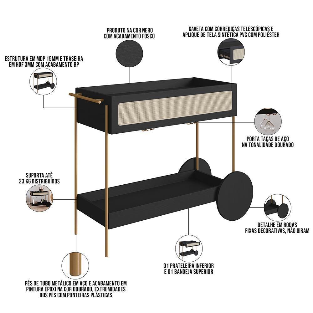Carrinho Bar Com Porta Taças Industrial Indy A03 Nero Dourado - 3