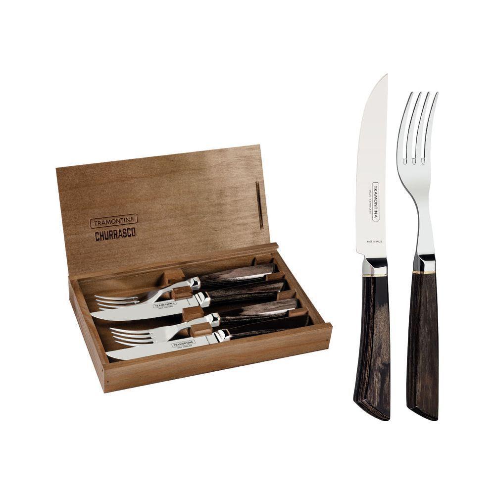 Jogo De Talheres Tramontina 4 Peças Em Aço Inox Forjado Cabo Castanho Estojo De Madeira - 1