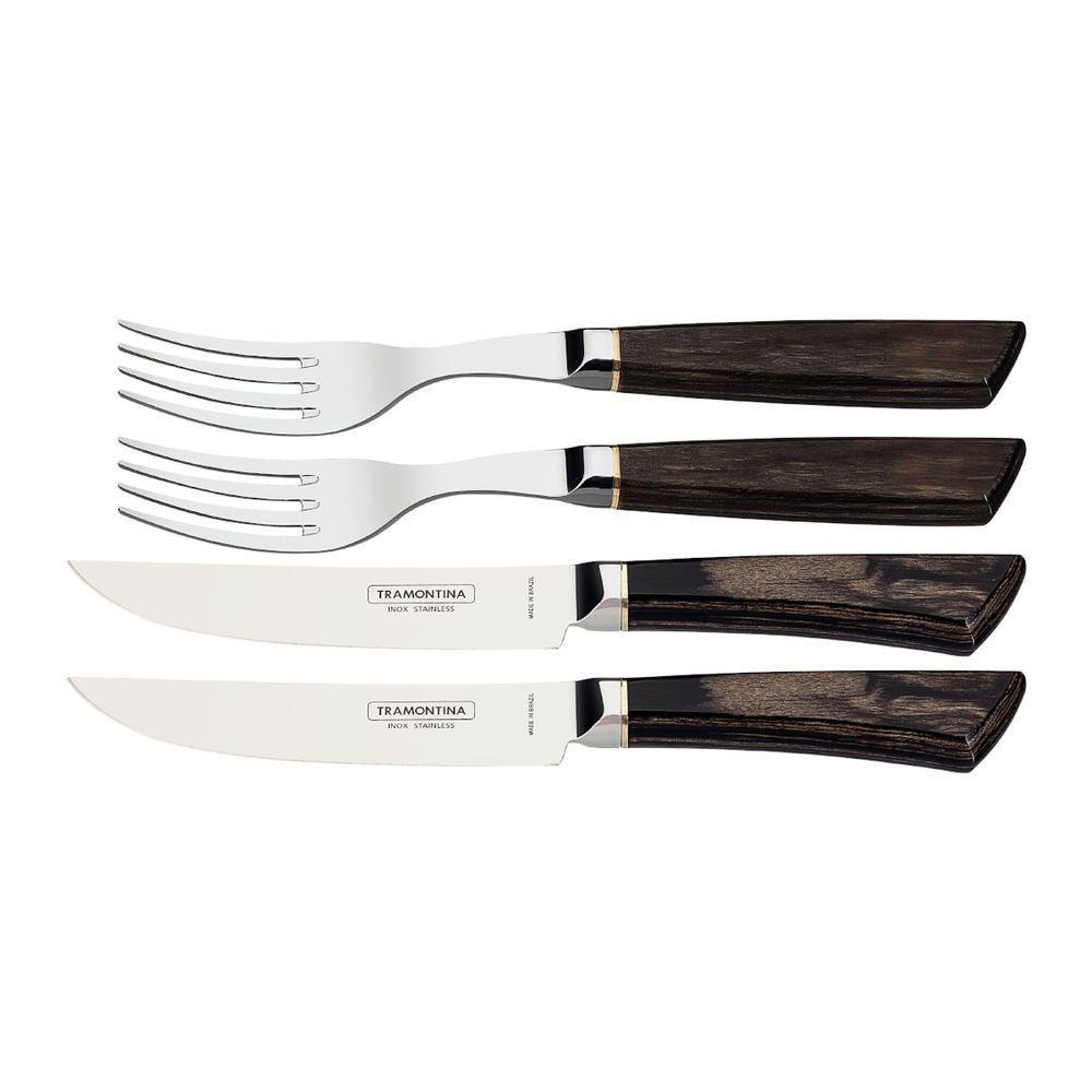 Jogo De Talheres Tramontina 4 Peças Em Aço Inox Forjado Cabo Castanho Estojo De Madeira - 6
