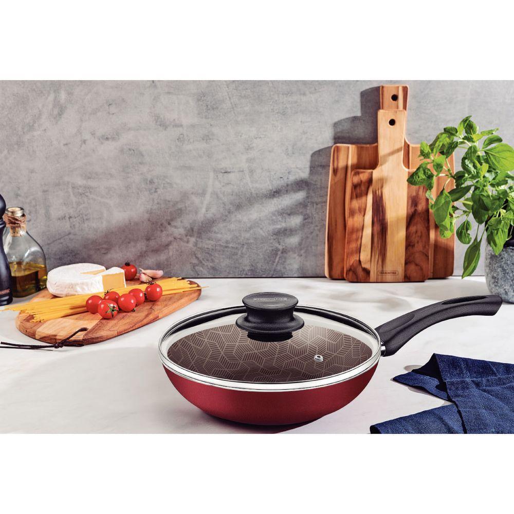 Frigideira Funda Tramontina Paris Em Alumínio 26 Cm 2,9 L Antiaderente Vermelho Com Tampa De Vidro - 2