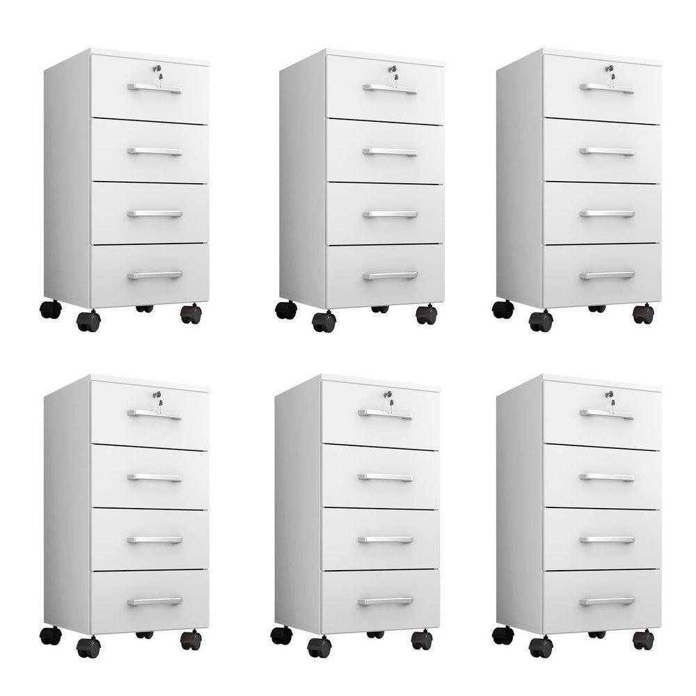 Kit 6 Gaveteiros Escritório Chave E Rodízios 4 Gavetas Gávea Branco - 1