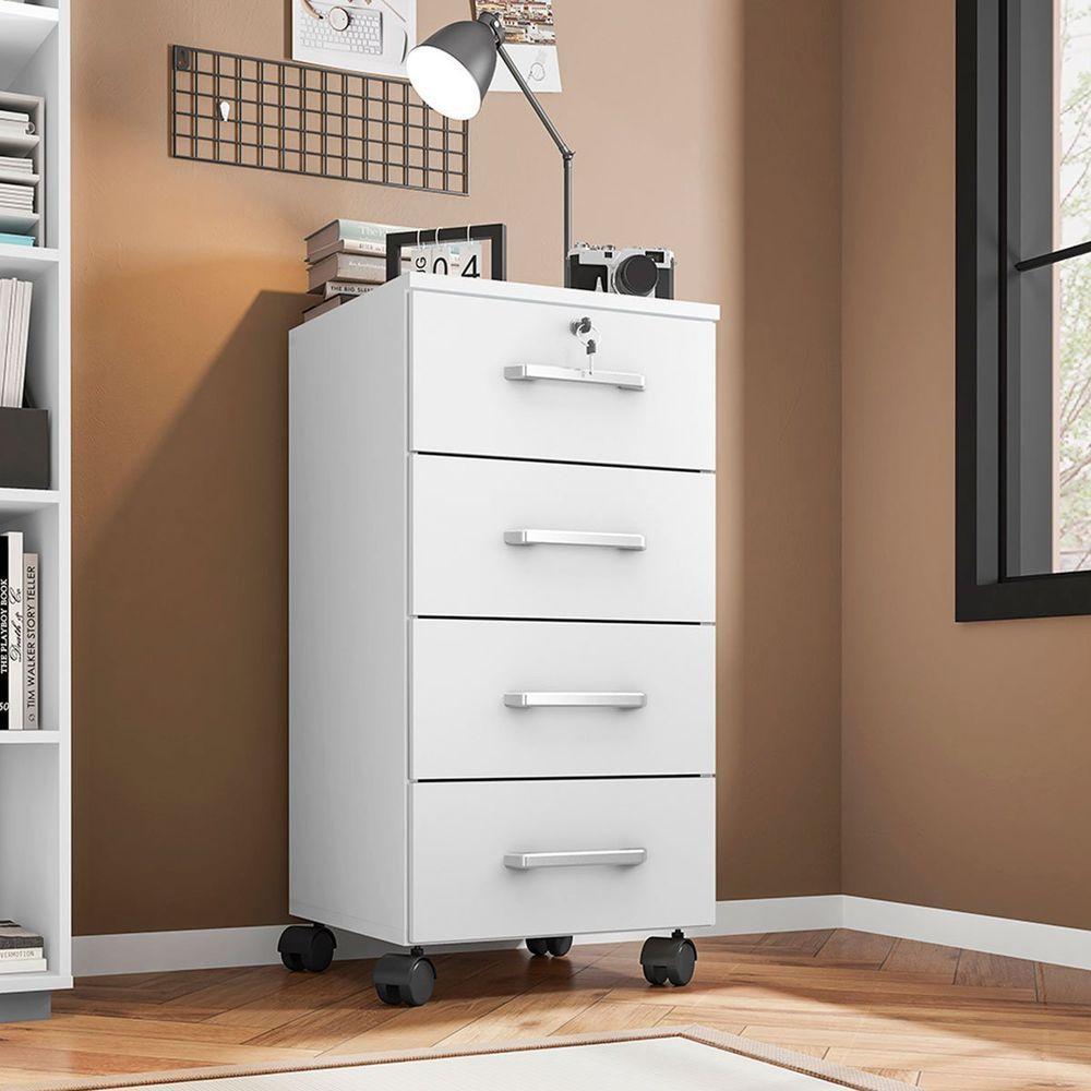 Kit 3 Gaveteiros Escritório Chave E Rodízios 4 Gavetas Gávea Branco - 1