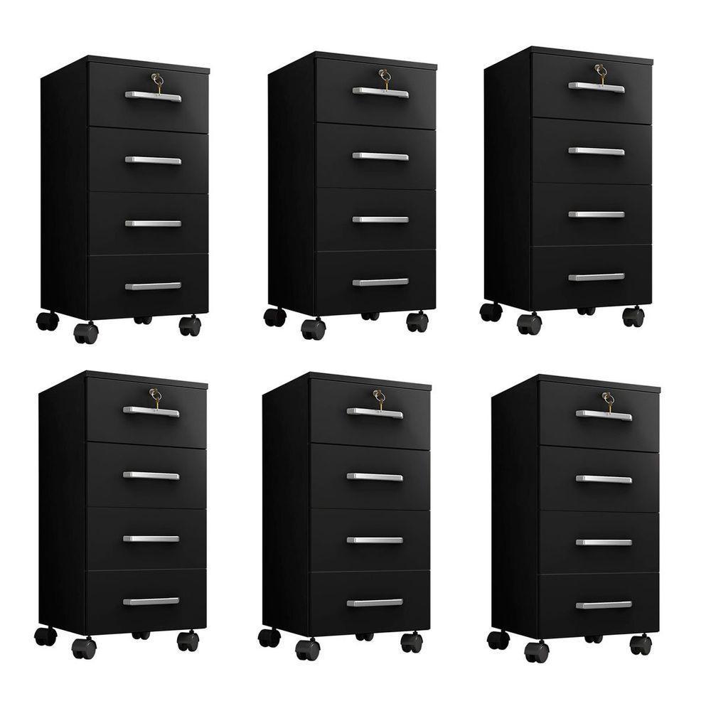 Kit 6 Gaveteiros Escritório Chave E Rodízios 4 Gavetas Gávea Preto - 2