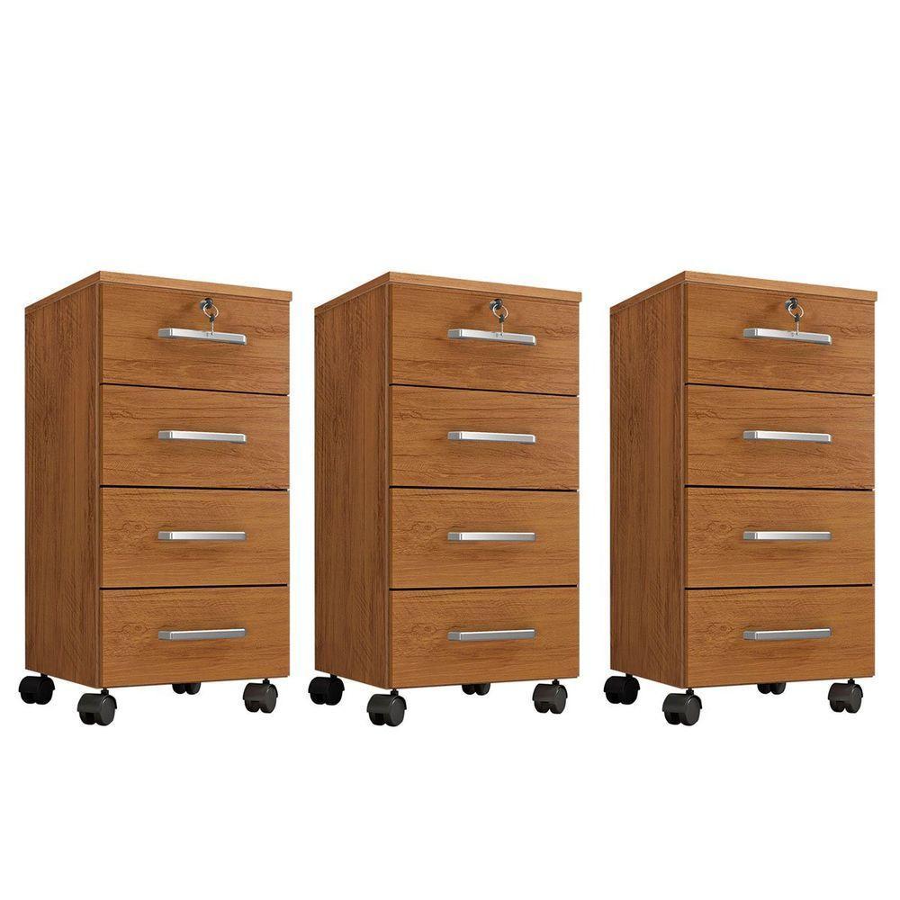 Kit 3 Gaveteiros Para Escritório Com Chave E Rodízios 4 Gavetas Gávea Freijó - 1
