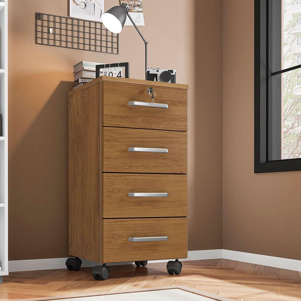 Kit 3 Gaveteiros Para Escritório Com Chave E Rodízios 4 Gavetas Gávea Freijó - 4