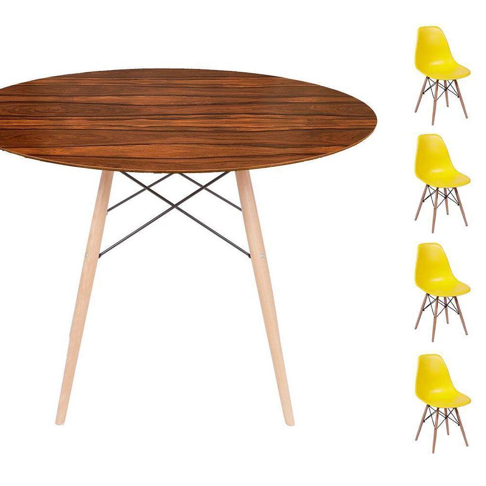 Conjunto Mesa Eames Eiffel Dsw Redonda Pau Ferro 120cm + 4 Cadeiras Eames Dsw - Amarela - 1