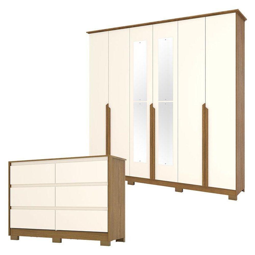 Cômoda Ravenna E Guarda Roupa Casal Andréas Nature Off White Com Espelho - Henn - 1