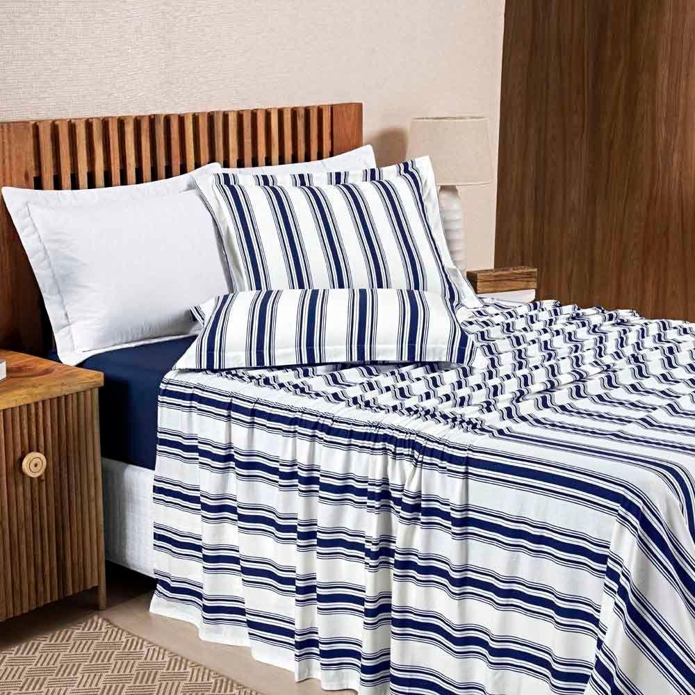 Jogo De Lençol Mimis King 4 Peças Malha 100% Algodão Extra Macio - Azul Marinho - 1