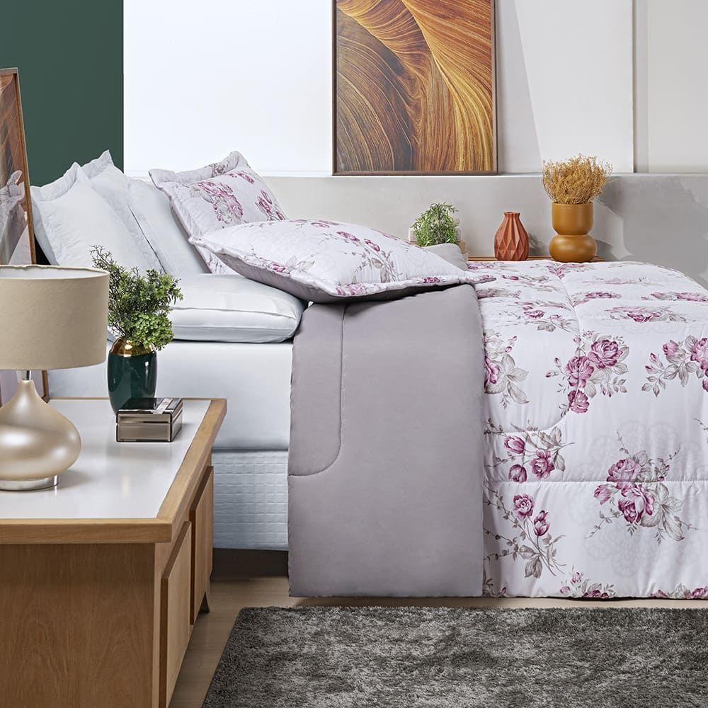 Edredom Júlia Casal King 03 Peças Tecido Dupla Face Microfibra 200 Fios Floral - Lilac - 2