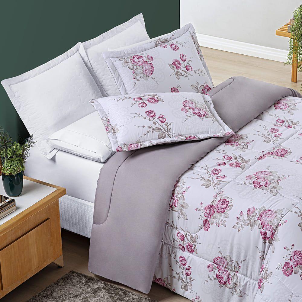Edredom Júlia Casal King 03 Peças Tecido Dupla Face Microfibra 200 Fios Floral - Lilac - 3