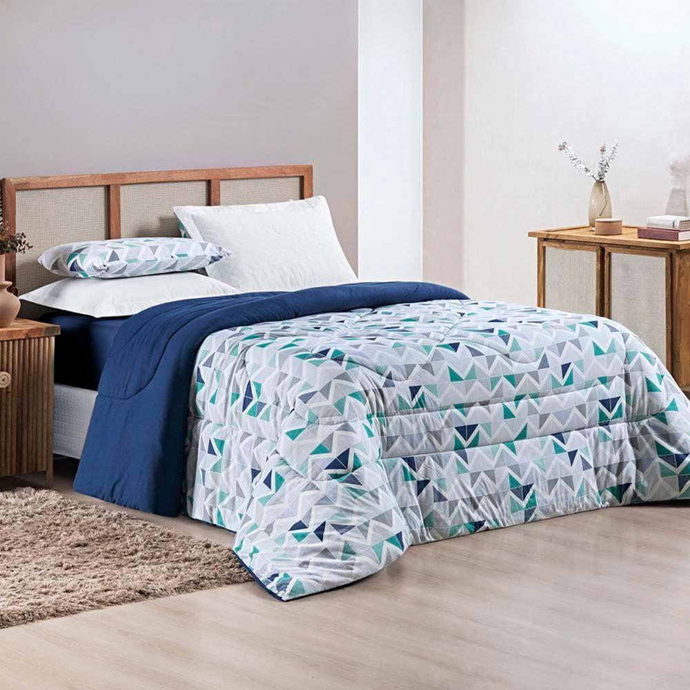 Kit Edredom Grace King 01 Peça 100% Algodão Dupla Face Extra Macio Estampado - Azul Geométrico - 1