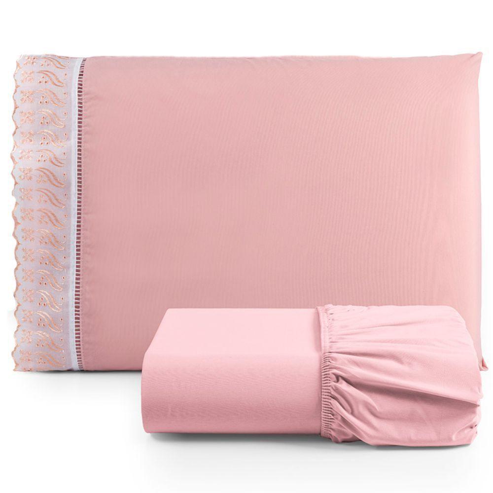Jogo De Lençol Solteiro 2 Pçs Basic Percal 180 Fios Lese Bordado Inglês - Rosa - 1