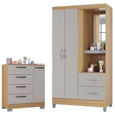 Cômoda com Guarda Roupa Solteiro 868 Córdoba Damasco 4 Gavetas em MDF Puxador Plástico Off White