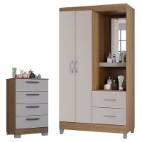 Cômoda 867 4 Gavetas Com Guarda Roupa Solteiro Córdoba 2 Portas Castanho Off White - Poquema - 1