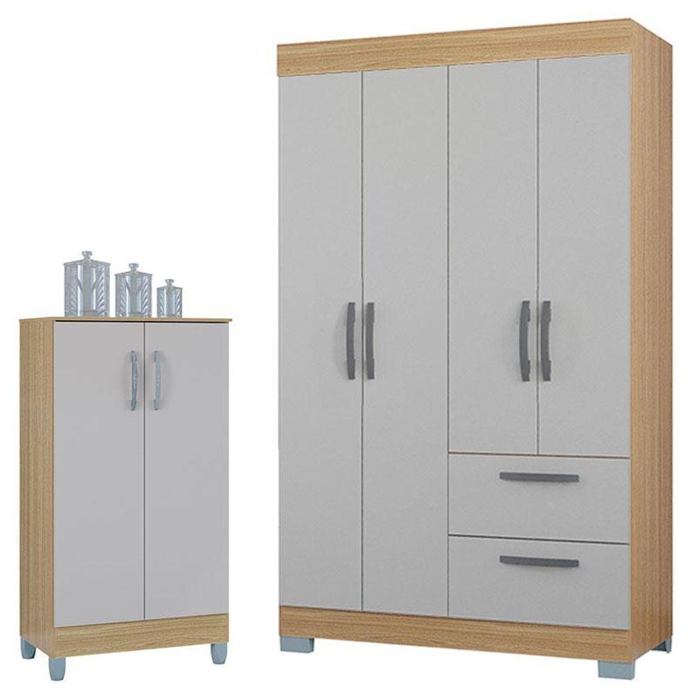 Guarda Roupa Solteiro Tóquio 4 Portas Com Armário Multiuso 2 Portas Pequeno Damasco Off White - Poquema - 1