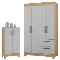 Guarda Roupa Solteiro Tóquio 4 Portas Com Armário Multiuso 2 Portas Pequeno Damasco Off White - Poquema - 1