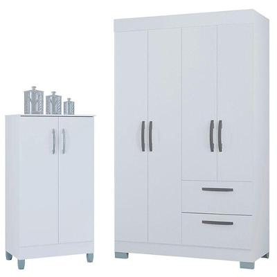 Guarda Roupa Solteiro Tóquio 4 Portas Com Armário Multiuso 2 Portas Pequeno Branco Brilho - Poquema