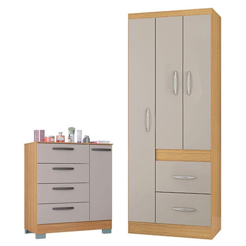 Cômoda 868 4 Gavetas E 1 Porta Com Guarda Roupa Solteiro Milão 3 Portas Damasco Off White - Poquema - 1