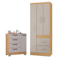 Cômoda 868 4 Gavetas E 1 Porta Com Guarda Roupa Solteiro Milão 3 Portas Damasco Off White - Poquema - 1