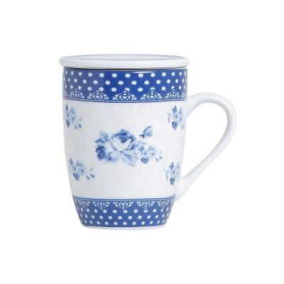 Caneca De Porcelana Com Tampa E Filtrro Azul E Branca 310ml