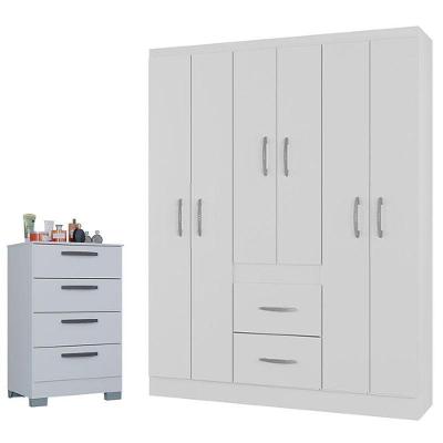 Cômoda com Guarda Roupa Casal Milão 867 4 Gavetas MDF Branco Brilhante