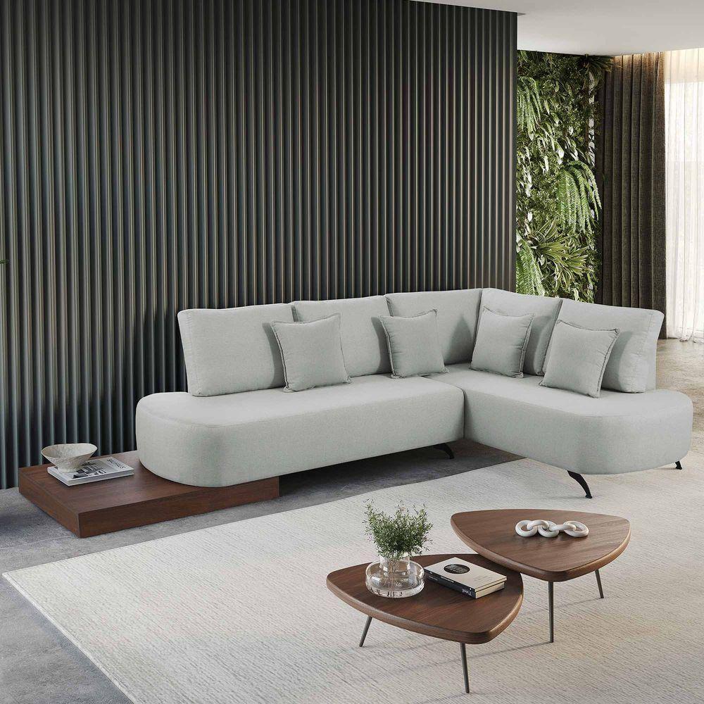 Sofá De Canto Nori Curva Le 2,61m Em Linho Com Base Em Madeira Cor Gelo 2322 - 6