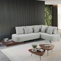 Sofá De Canto Nori Curva Le 2,61m Em Linho Com Base Em Madeira Cor Gelo 2322 - 6