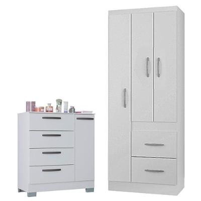 Cômoda com Guarda Roupa Solteiro Milão 4 Gavetas em MDF Branco Brilhante