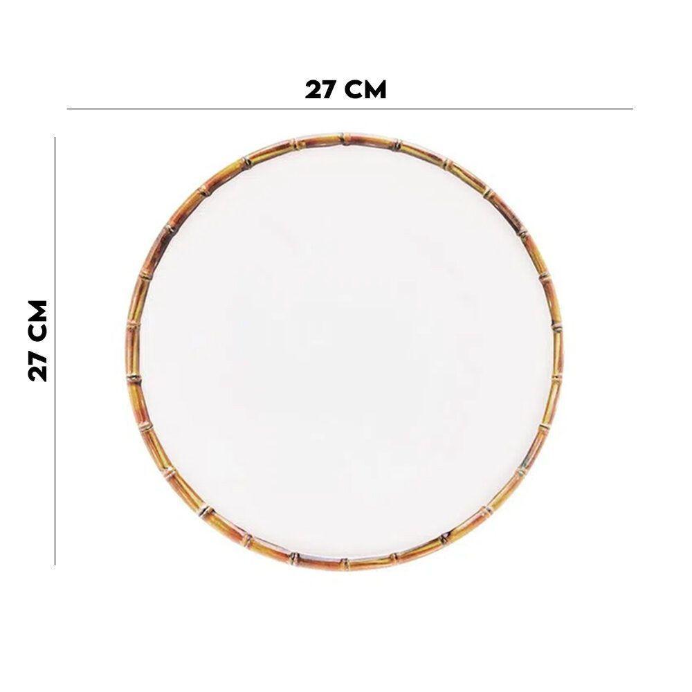 Jogo 4 Pratos Raso 27cm Borda De Bambu Melamina Branco - 4