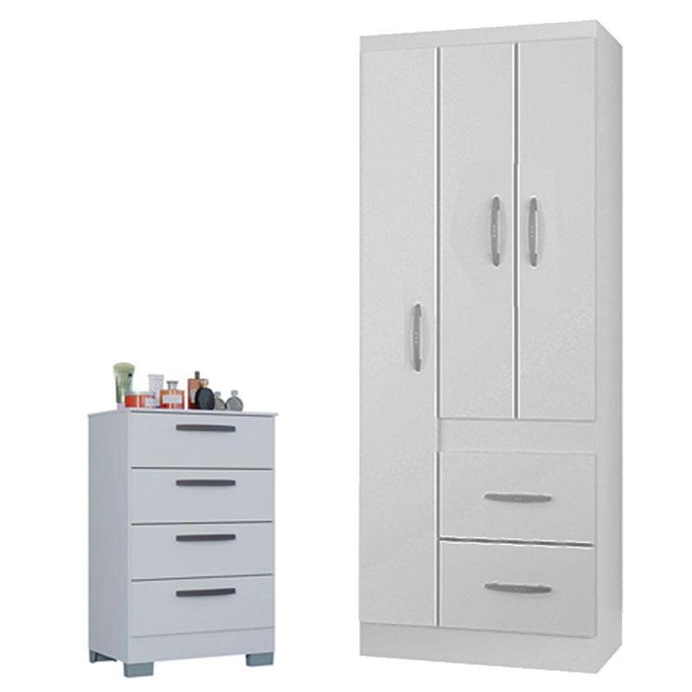 Cômoda 867 4 Gavetas Com Guarda Roupa Solteiro Milão 3 Portas Branco Brilho - Poquema - 1