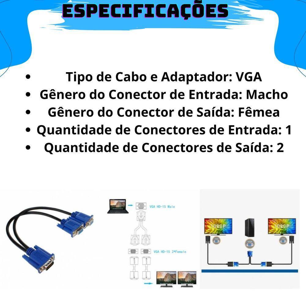 Cabo Adaptador Splitter Duplicador Vga Y 1 Macho X 2 Femeas - 2
