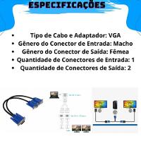 Cabo Adaptador Splitter Duplicador Vga Y 1 Macho X 2 Femeas - 2