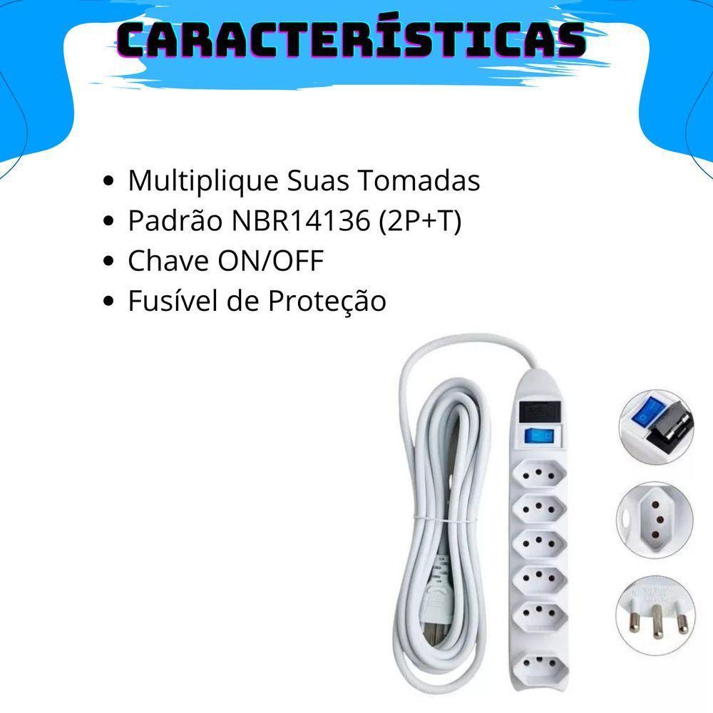 Extensão Elétrica Régua Padrão Tripolar 6 Tomadas 10a Cabo 1,5 Metros Bivolt (110-220v) Com Fusível De Proteção - 2