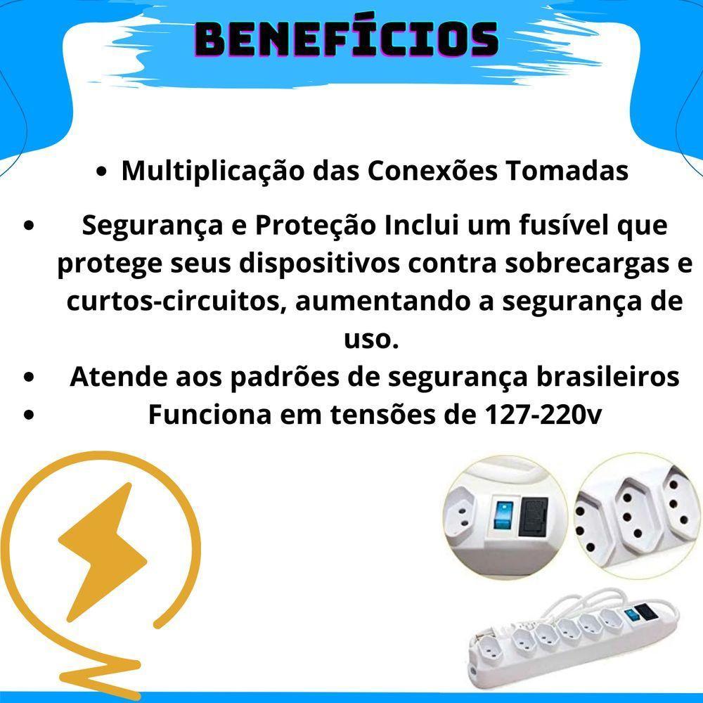 Extensão Elétrica Régua Padrão Tripolar 6 Tomadas 10a Cabo 1,5 Metros Bivolt (110-220v) Com Fusível De Proteção - 6